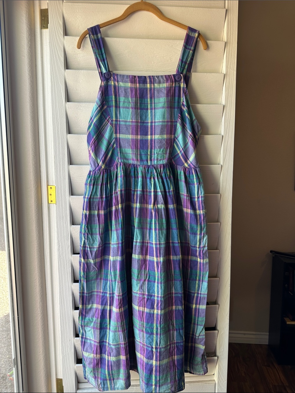 Vintage 80s Plaid Jumper Open Back Button Overall Dress Large